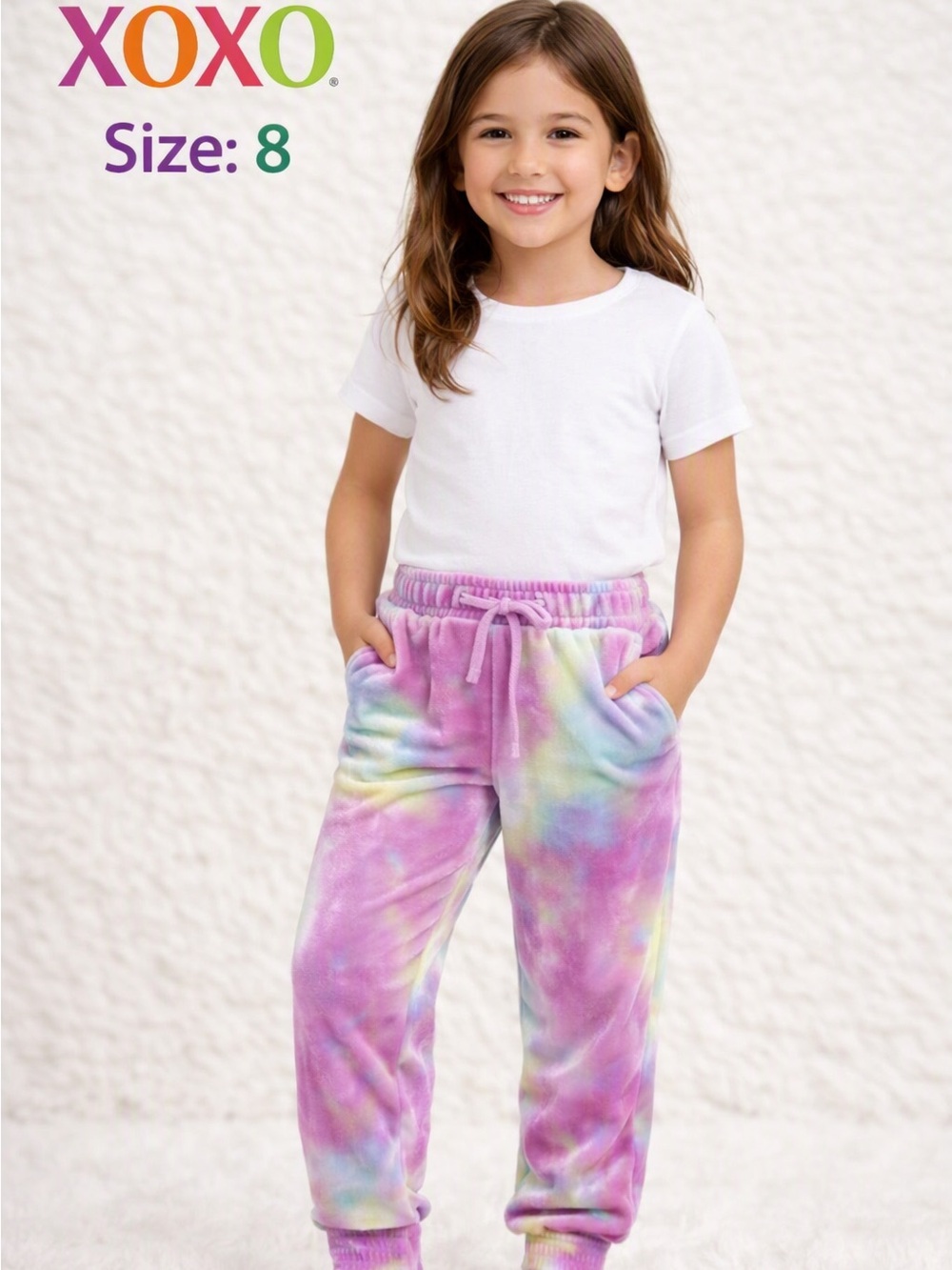 XOXO Girls' Pastel Tie-Dye Plush Joggers - Pink & Purple Blend Size 8